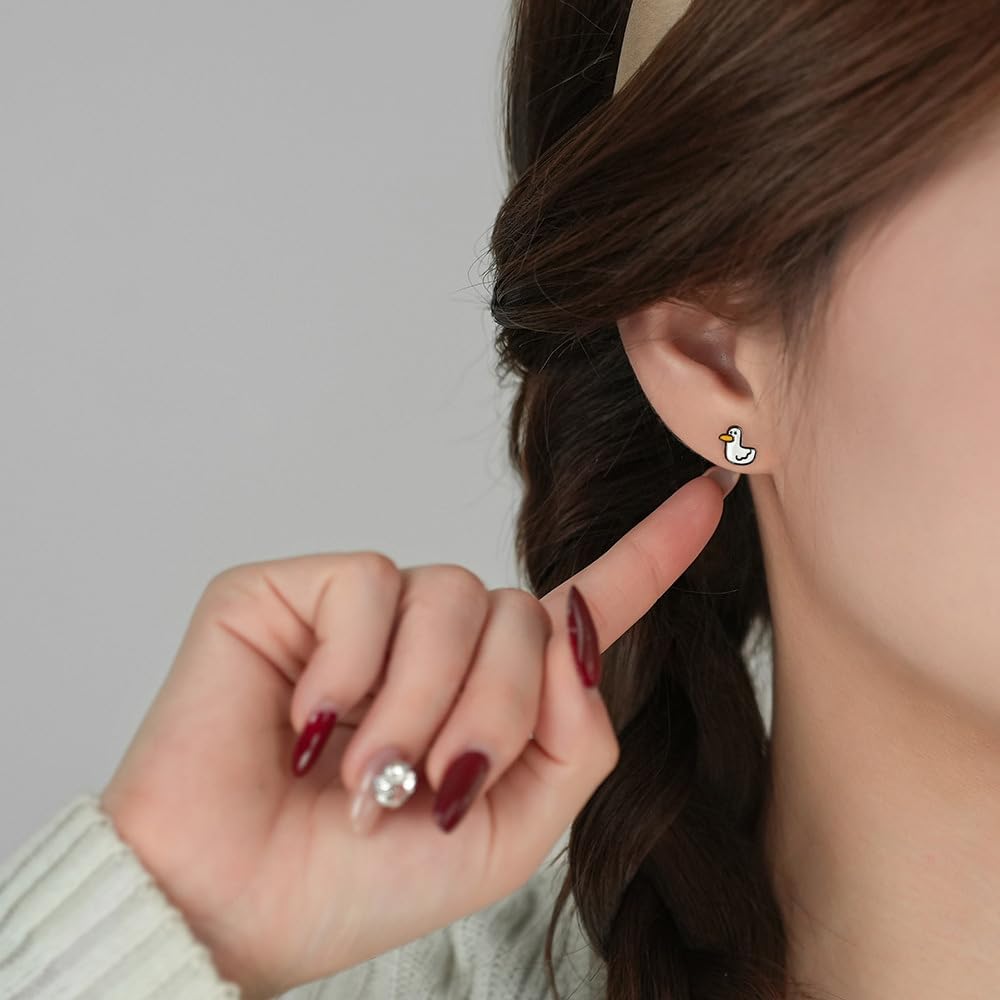 Cute Duck Tiny Small Stud Earrings for Women Cartilage Hypoallergenic 925 Sterling Silver Cartoon Animal Tragus Mini Studs Earring Dainty Jewelry for Daughter Birthday - Image 2