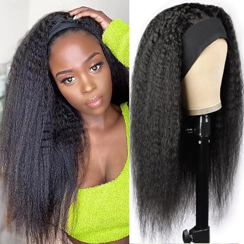 Image of Kinky Straight Headband Wig Human Hair 22 Inch Headband Wigs for Black Women Glueless None Lace Front Yaki Straight Human Hair Headband Wig Brazilian Virgin Hair Wigs Natural Black 180% Density