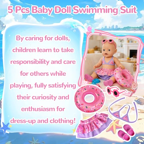 YAEGIMHT Baby Doll Swimming Clothes for 35-43cm Dolls, New Born Baby Doll Swimsuit with A Pony Top, Skirt, Glasses - Image 3