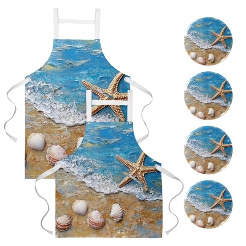 Lot de 2 tabliers de cuisine avec motif étoile de mer pour service en restaurant et bistrot