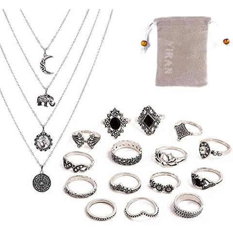 YiRAN Boho Style Vintage Punk Necklace Rings Party Jewelry Sets, including Multi layer Long Necklace and Women Joint Knuckle Retro Ring Set Plated Silver 15PCS, Lovely Gift for Valentine Day Cover