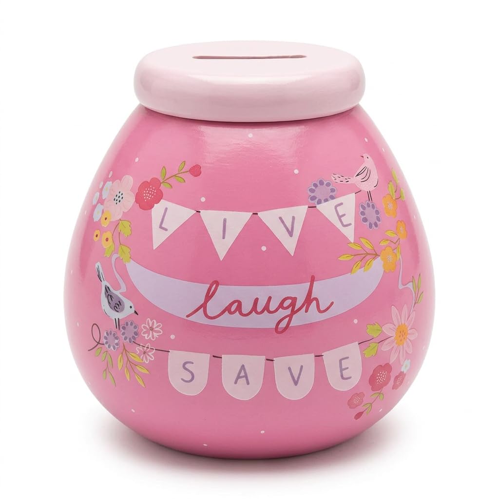 Pot of Dreams Pink Floral Ceramic Money Pot – Live Laugh Save Piggy Bank Style Savings Jar – Break to Open, Hand Painted Earthenware Gift for Girls & Adults