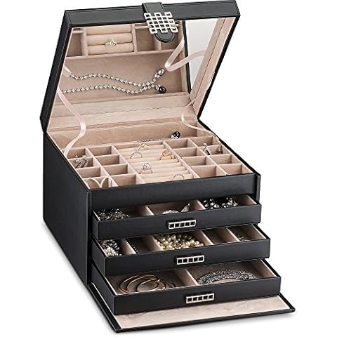 Glenor Co Extra Large Jewelry Box Organizer - 42 Slot Holder w Modern Closure, Drawer, Big Mirror & 4 Trays for Women - Storage Case for Earring Ring Necklace Bracelet Watch -PU Leather- Black Cover
