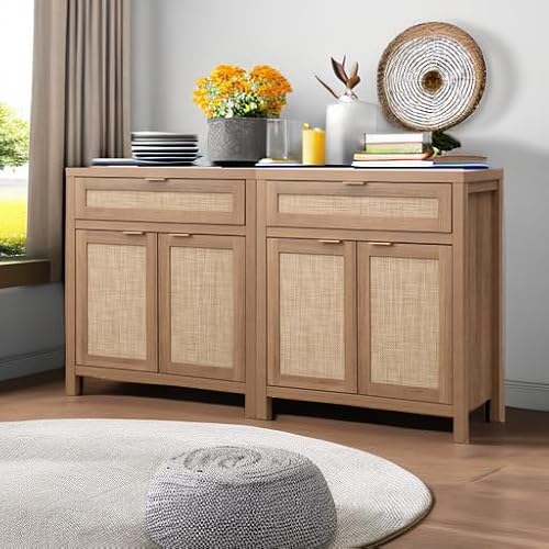 Sicotas SCEWA20004OA Sideboard Buffet Cabinet Set Of 2, Rattan Credenza Storage Cabinet thumb #5