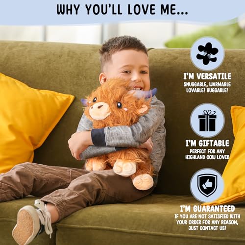Image of Happy Fuel Highland Cow Microwavable 1.5lbs Unscented Heating Pad for Women & Kids- Cute Soft Cozy Pillow Plush Heatable Warm Stuffed Animals- Kawaii Hot & Cold Plushie Toy- Cow Gifts for Girls & Boys