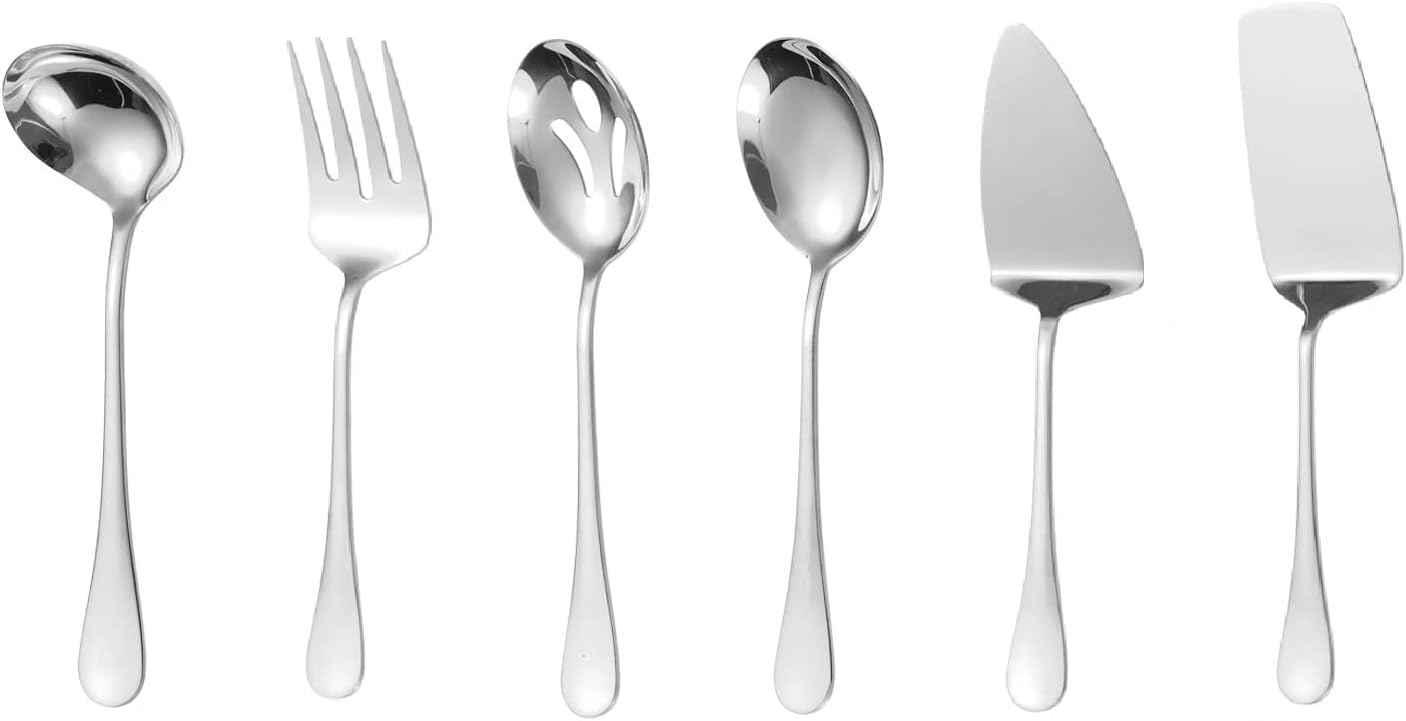 Juego de Utensilios de Cocina, Utensilios Cocina, Cuchara for servir de acero inoxidable, cucharón for sopa, colador, tenedor, pala, cubiertos públicos for restaurante, juego de 6 uds. Dorado(Silver)