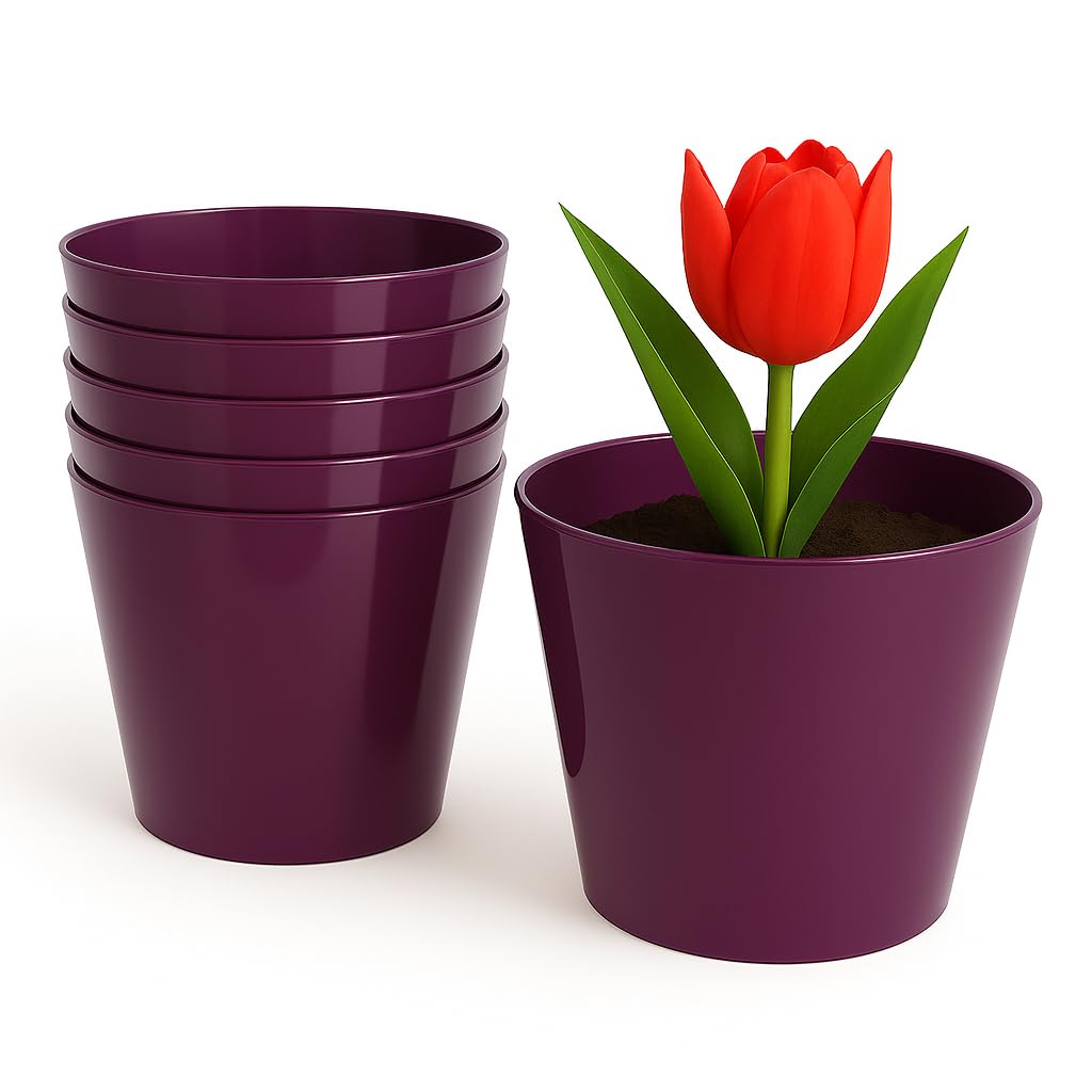 Home Garden Ornaments Fuchsia Plant Pots Indoor 6Pcs Glossy Decorative Plastic Flower Pots, Vibrant Decorative Pots (Purple, 17Cm / 6.7 In)