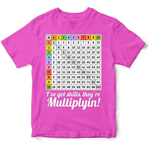 Maths Times Tables Grid Learning T Shirt - Funny Multiplication Math Tee - Mathematics School Teacher Gift Kids Top, Bright Pink, 9-11 Years Cover