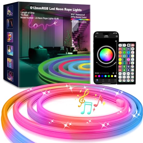 KIKO Neon Rope Lights, 16.4ft /5m Led Strip Lights Remote APP Control, Led Lights Music Sync Led Rope Lights DIY Mode Neon Flex Strip Lights for Bedroom Indoors Outdoors Decor