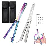 2 Stück Butterfly Trainer,Balisong Trainingsmesser, Butterfly Messer+Kamm Stahl Folding,Butterflymesser Trainer,100% Sicheres Schmetterlingsmesser,für AnfäNger-Der Flipping-Tricks üBt