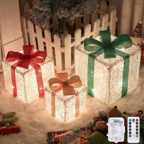 Arespark Conjunto de 3 caixas de presente com luzes, 50 LED luzes de Natal com temporizador, 8 modos caixa com luz, IP44 decoração de Natal árvore, para quarto, janela, festa