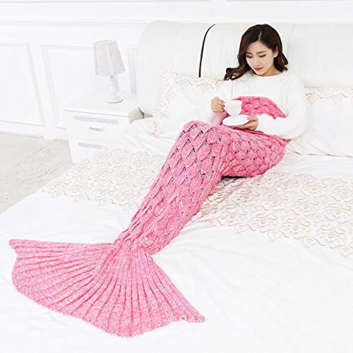 SOUGAO Mermaid Tail Blanket for Kids Teens Adults, Handmade Knitted Crochet Gorgeous & Cosy Blanket, Sleeping Bag, Warmer Wearable-Blankets (Pink 90 * 55cm,200g)