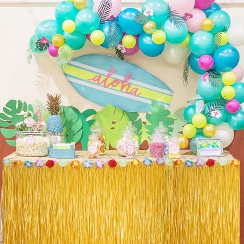 Miniatura 3 de Falda De Mesa De Hierba Luau, Decoración Para Fiestas Hawaianas, Faldón De Hierba Amarillo Hawaiano Con Flores De Hibisco Para Fiesta Luau Con Tema Hawaiano, 75 X 275 Cm Amarillo, Unidad, 2