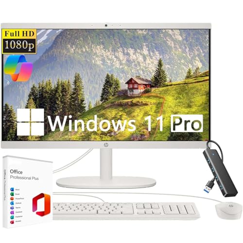 Image of HP 21.5 inch FHD All-in-One Desktop Computer, Quad-Core Intel N100, Intel UHD Graphics, Business Desktop, 8GB DDR5 RAM | 128GB UFS, WiFi 6, Copilot AI, Windows 11 Pro w /USB Hub, KB & Mouse - White