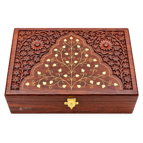Image of Wooden OM Box for Good Luck| Jewellery Box| Decorative Case| Kit| Vanity| Organiser For Women, Necklaces, cash, gold (12X8 Inches, Crown)