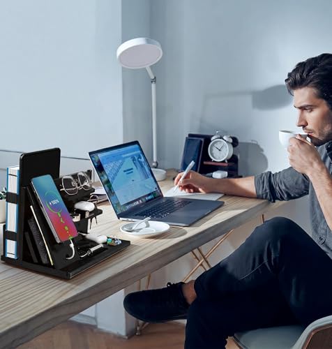 KOCWELL Wood Phone Docking Station, Gifts for Men, Nightstand Organizer Wood for Phone Tablet Earphones Watch Wallet Rings Pens Keys Notebook etc, Birthday Gifts for Men Husband Dad Boyfriend(Black) - image 6