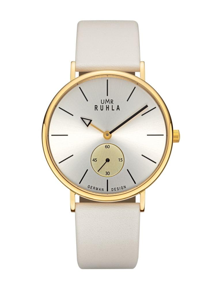 UMR RUHLA-Style Damenuhr - Dezente Klasse mit Charakter - IP-goldene Edelstahlgehäuse Ø 40mm - beiges Zifferblatt - dezentraler Sekundenanzeige - beiges Lederarmband – Made in Germany