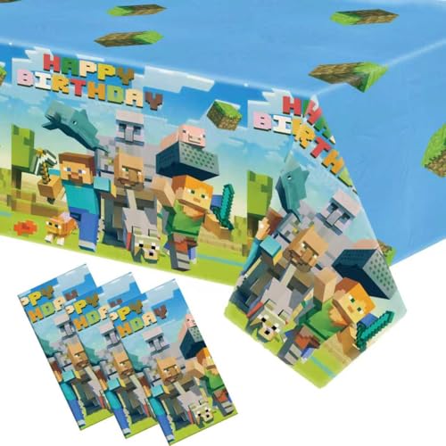 Xioose Pixel Table Cloths - 3 Pixel Table Cover Disposable Plastic Waterproof Tablecloths Blue Game Party Supplies for Boys Girls Fans Concert Birthday Party