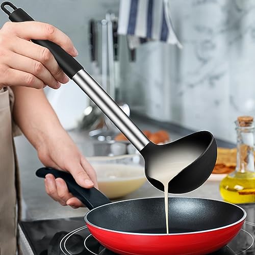 Suppenkelle, Joyfair 2-teiliges Silikon Schöpfkelle Set, Hitzebeständigkeit Schöpflöffel mit Griff aus Edelstahl, 30cm Groß Soßenlöffel zum Kochen/Rühren/Servieren, Gesund & Antihaft - Schwarz