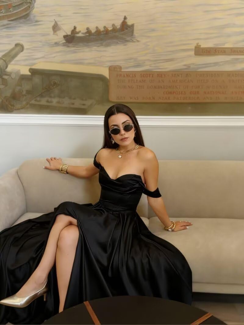 Tsbridal Off Shoulder Satin Prom Dresses for Women Pleated Long A-Line Formal Evening Gown with Slit