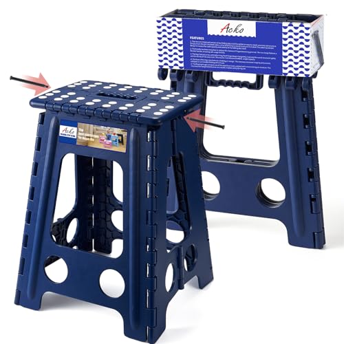 Image of ACKO Folding Step Stool Foldable 17.5 Inch 400 lbs Capacity, Plastic Stools for Adults and Kids, Collapsible Stools for Kitchen, Stepping Stool with Handle(Royal Blue)