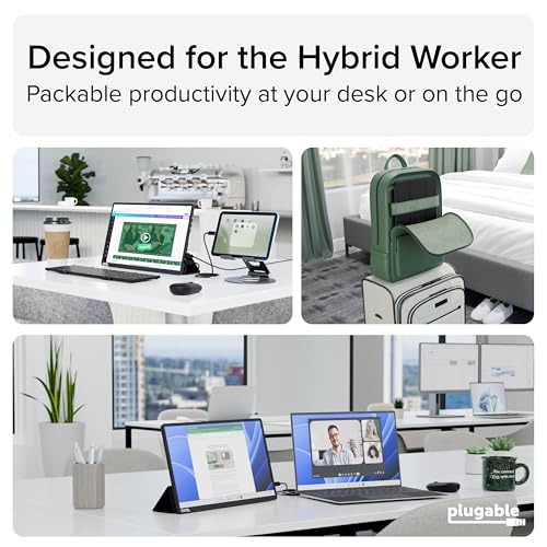 Image of Plugable 15.6 inch USB-C Portable Monitor with 100W Pass-Through Charging | 2X USB-C 10Gbps Hub | FHD 1920x1080 IPS Display for Mac, Windows, iPad, Smartphone | 1.85lbs, Travel Cover /Stand Included