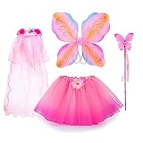 Fedio 4Pcs Girls Princess Fairy Costume Set with Wings, Tutu, Wand and Floral Wreath Veil for...