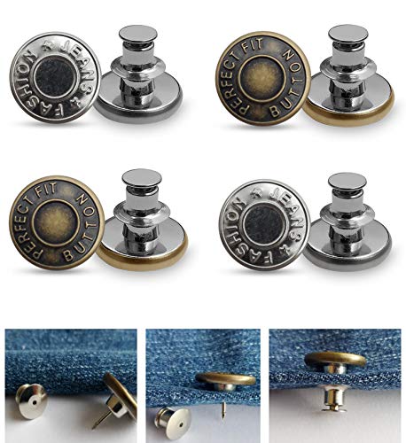 Jean Button Pins, Instant Button, Jean Buttons Replacement, Adjustable Jeans Button, Detachable No Sew Needed Pants Button, Removable Button Pins for Jeans Pants, Jackets or Bags (4 Sets) (A)