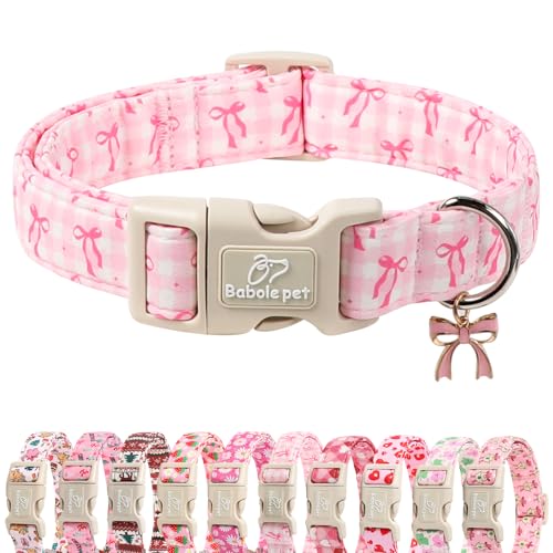 Babole Pet Girl Dog Collar for Puppy Small Dogs - Cute Pink Plaid & Bow Print Spring/Summer Puppy Collar, Soft Adjustable Holiday Female Dog Collars with Quick Release Buckle XS
