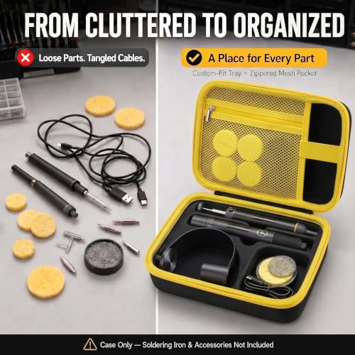 Image of Carrying Case Compatible with Fanttik T1 Max Soldering Iron Kit | EVA Shell with Oxford Exterior, Molded Tray, Mesh Pocket, Dual Zippers and Reinforced Handle for Work,Yellow Pocket,Case Only