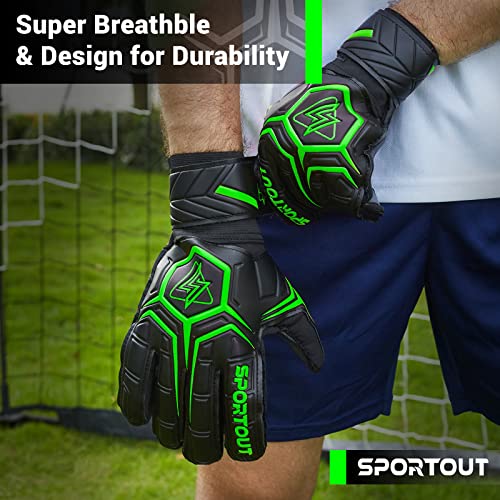 Sportout Goalie Gloves, Goalkeeper Gloves with Fingersave, Soccer Gloves, Breathable Soccer Goalie Gloves, 4mm Latex, for Kids Youth and Adult (Green,7)