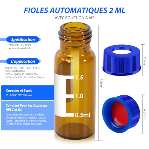 Flacons ambrés 2ml HPLC de haute pureté avec septa PTFE silicone de précision - 2