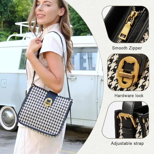FOXLOVER Houndstooth Fabric Shoulder Bag for Women Top Handle Bucket Purse Casual Retro Portable Adjustable Straps4