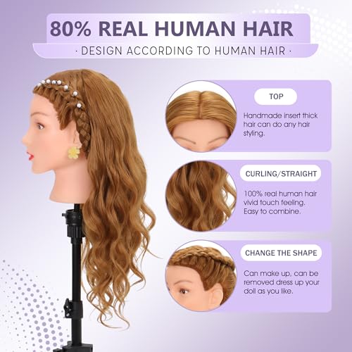 mannequin head human hair 80 real hair cosmetology mannequin head for braiding styling cutting 26-28 doll head with clamp tools blonde