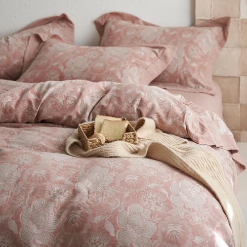 VM VOUGEMARKET Blush Pink Flower Duvet Cover Set Queen,3 Pieces Retro Jacquard Pink Floral Bedding Set,Linen Cotton Yarn-Dyed Textured Duvet Cover with Zipper Closure