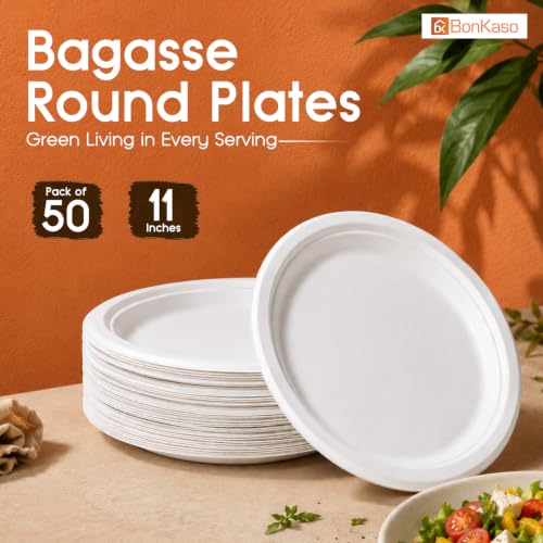 Image of Bonkaso 11 Inch, Pack of 50 Bagasse Disposable Round Plates (White)| Eco-Friendly Sugarcane Paper Plates | Biodegradable, Compostable & Sturdy | Ideal for Snacks, Desserts, Parties, Weddings & Events
