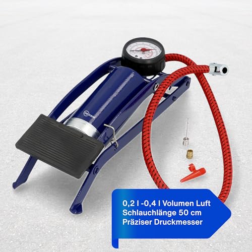 Cartrend Einzylinder Fußluftpumpe, für Auto- und Fahrradreifen sowie andere Objekte, inkl. Standard- und Spezialadapter, Manometer bis 7 bar, 0,2 l Volumen je Hub, Schlauchlänge ca. 50 cm