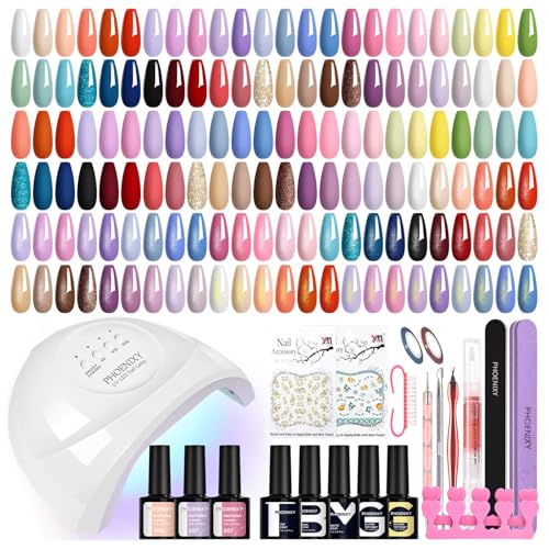 Phoenixy Gel Nail Polish Set 50Pcs Gel Nail Kits with 48W U V Lamp 45 Colours Nail Polishes with Base Top Matte Glitter Golden Coat Complete Tools Manicure Kit Nail Art Gifts for Women