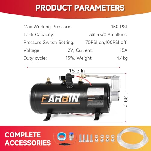 Image of FARBIN 150 PSI 0.8gal Air Compressor 12V Air Tank Can for Train Horn, Air Horn, Inflating Tires, Air Mattresses (0.8 gal Black Air Compressor)