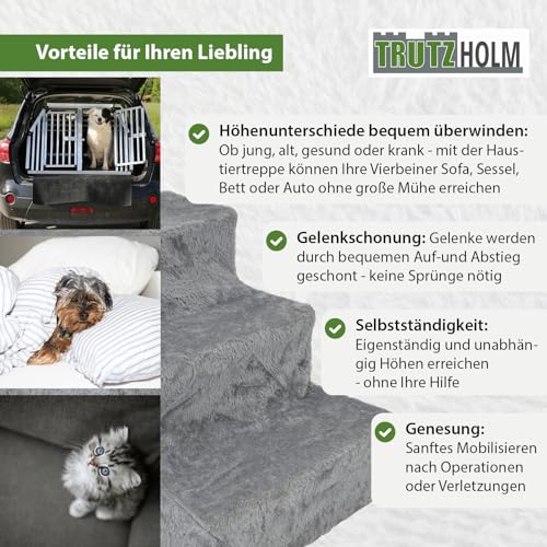 TRUTZHOLM Hundetreppe 3 Stufen Hunderampe für Bett und Sofa, Abnehmbarer, waschbarer Plüschbezug in Anthrazit robuste Hundetreppe Katzentreppe Hunderampe gelenkschonend
