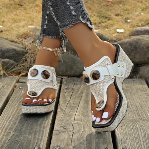 large-sized Women's summer flip-flops with wedge heels and fashionable thick heels paired with metal buttons, outdoor daily slippers for the beach2