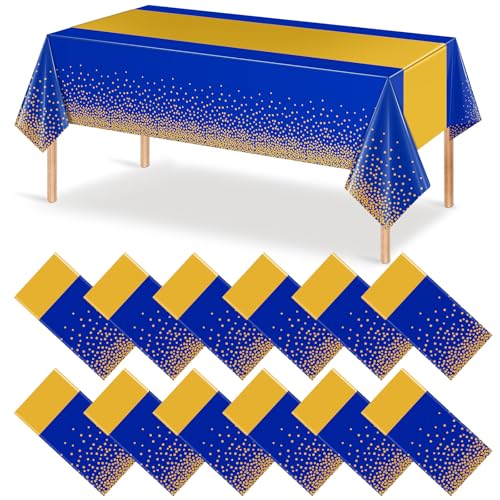 Image of 12Pcs Blue Gold Tablecloth Party Decorations,Plastic Royal Blue Table Cloth Printed Gold Tables Runner Disposable Rectangle Table Cover for Birthday Anniversary Wedding Graduation Party,54 x108 Inch