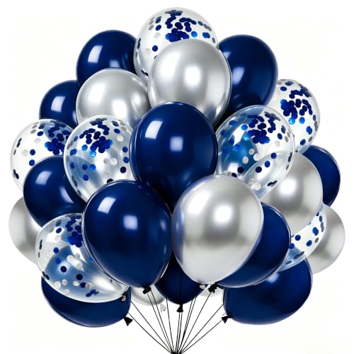 Image of Firomi Metallic Silver Navy Blue Balloons Set 12 inch 70pcs (2 Ribbons) | Dark Blue and Silver Confetti Balloons Set for Wedding Graduation Retirement Birthday Bachelorette Party