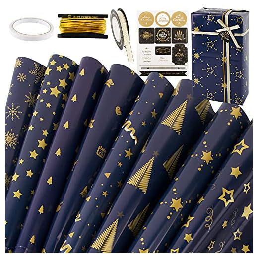 FLOFIA Hoja Regalo Navidad Cumpleaños, Papel de Regalo Navidad, Hoja Papel Regalo Envolver para Navidad, 8 Estilos Papel Kit Pegamento Doble Cara/Cinta de Tela/Pegatinas de Sellado/Cuerda Elástica