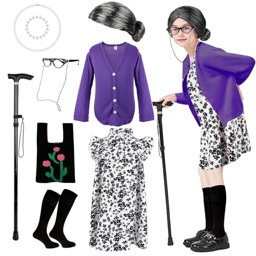 Kitimi Old Lady Costume for girls 100 Days of School Costume Granny Old Lady Wig Dress Up Accessory Old Lady Grandma Costume for Kids