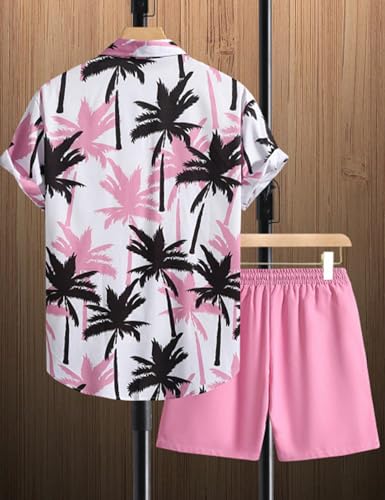 Image of Yimoon Men's Summer 2 Piece Outfits Tropical Print Short Sleeve Button Down Hawaiian Beach Shirt and Shorts Set