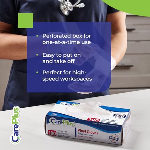 image for CARE PLUS Latex-Free Vinyl Gloves Clear Large Size 100 Count | Heavy D