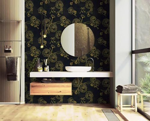 Image of Black and Gold Rose Wallpaper - Self Adhesive Peel and Stick Floral Wall Stickers, Waterproof PVC Vinyl Decorative Paper for Home, Bedroom, Living Room & Furniture (45cm x 300cm)