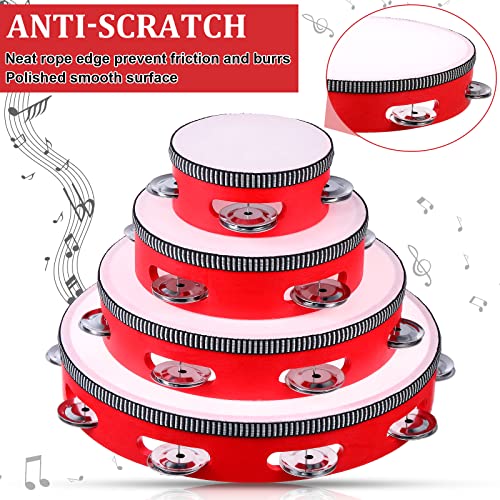 8 Pcs Tambourine For Adults Red Wooden Handheld Tambourine Jingles Come In 4 Sizes Single Row Metal Jingles Tambourine Musical Educational Tambourine Gift Rhythm Percussion Instrument For Church Party #TOP5