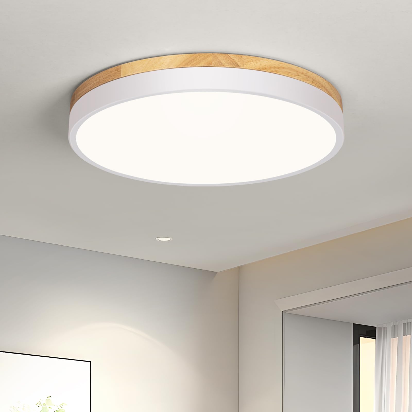 Vikaey Deckenlampe weiß, LED Deckenleuchte, 4000K, 24W, Ø30 cm | Moderne Metall und Holz Lampe, für Wohnzimmer, Flur, Studie, Küche, Bad, Esszimmer